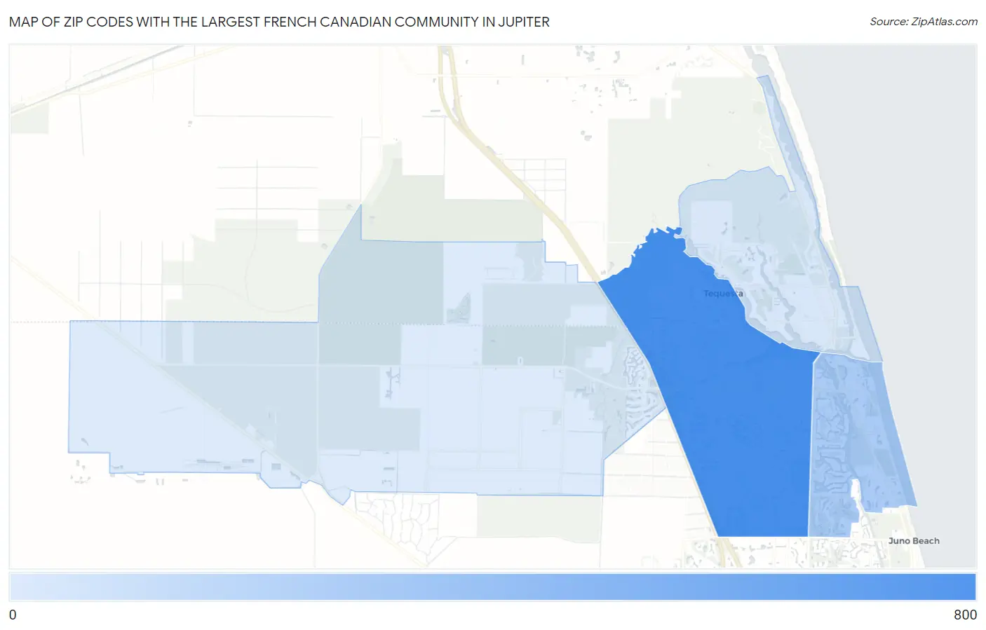 Zip Codes with the Largest French Canadian Community in Jupiter Map