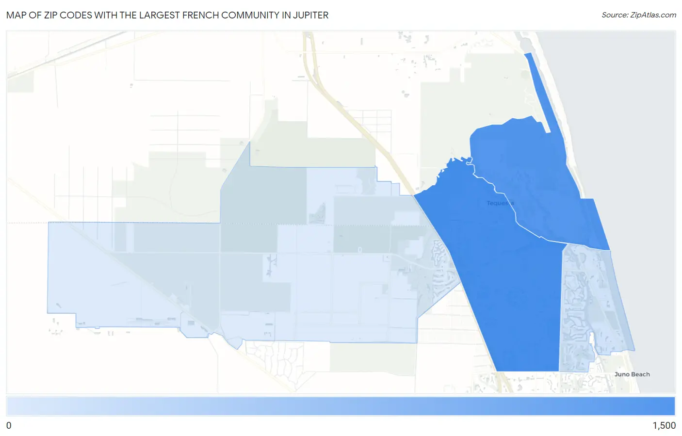Zip Codes with the Largest French Community in Jupiter Map