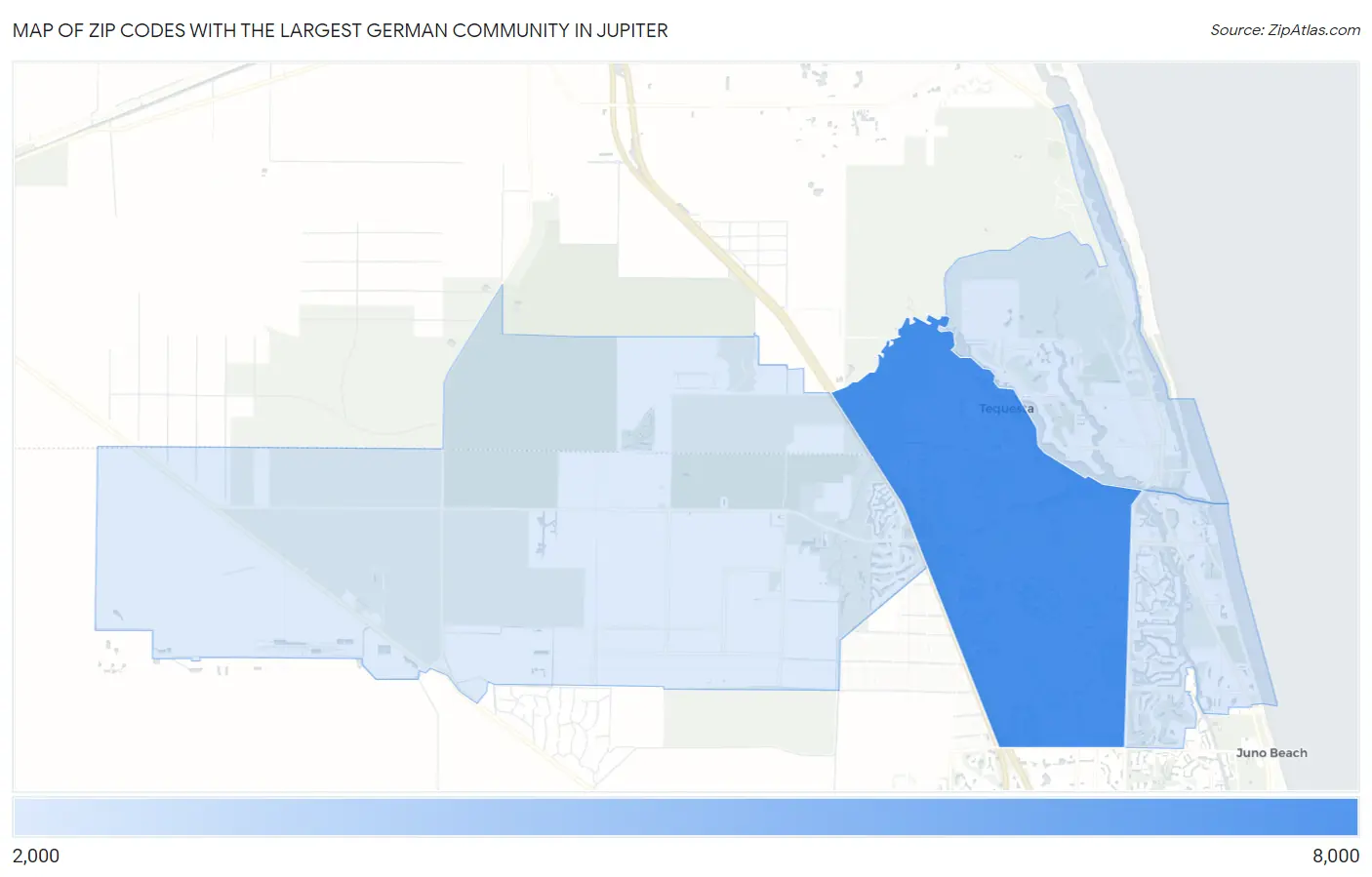 Zip Codes with the Largest German Community in Jupiter Map