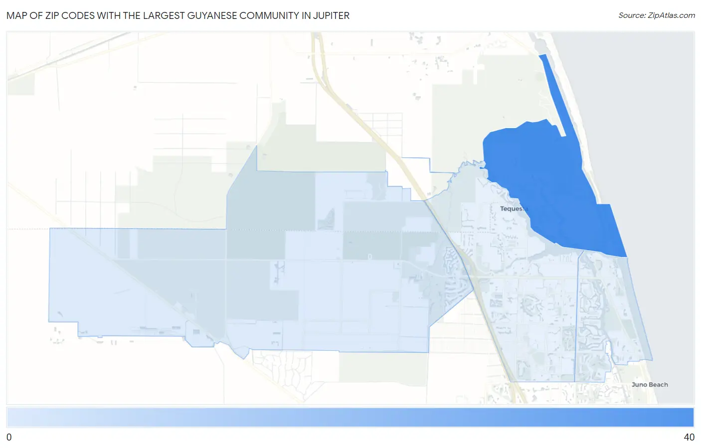 Zip Codes with the Largest Guyanese Community in Jupiter Map