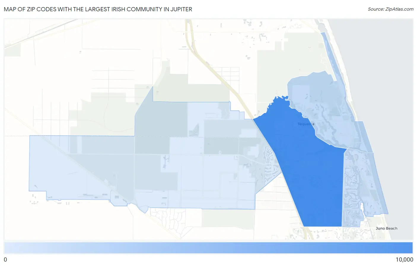 Zip Codes with the Largest Irish Community in Jupiter Map