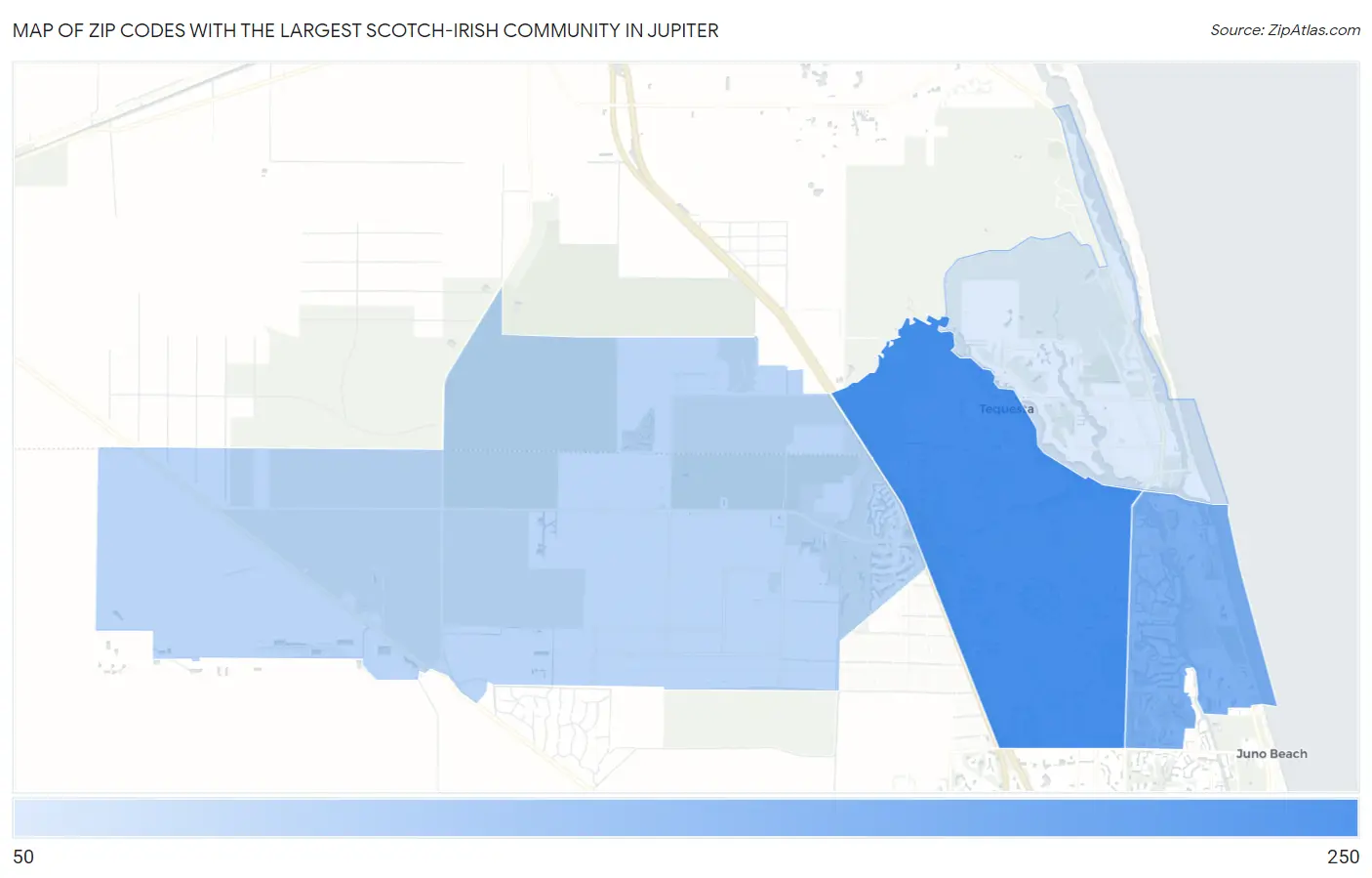 Zip Codes with the Largest Scotch-Irish Community in Jupiter Map