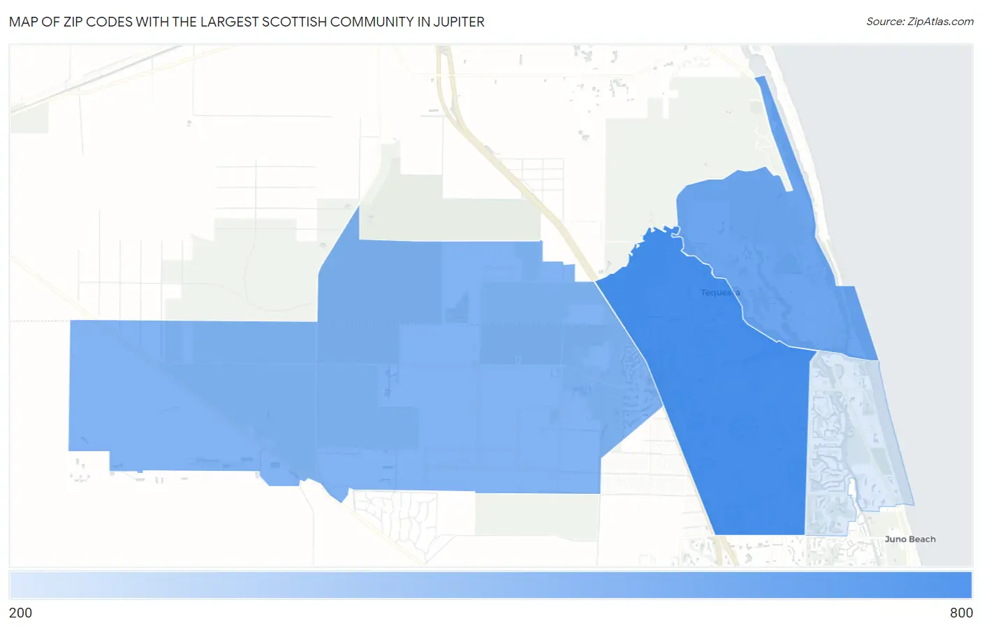 Zip Codes with the Largest Scottish Community in Jupiter Map