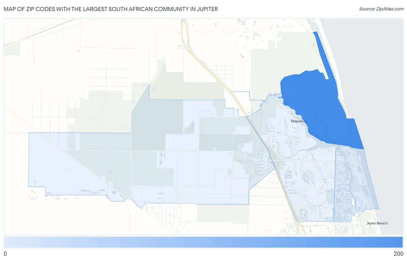 Zip Codes with the Largest South African Community in Jupiter Map