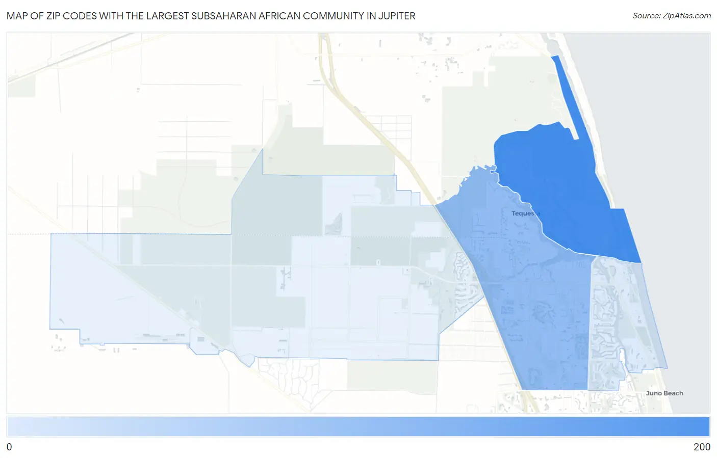 Zip Codes with the Largest Subsaharan African Community in Jupiter Map