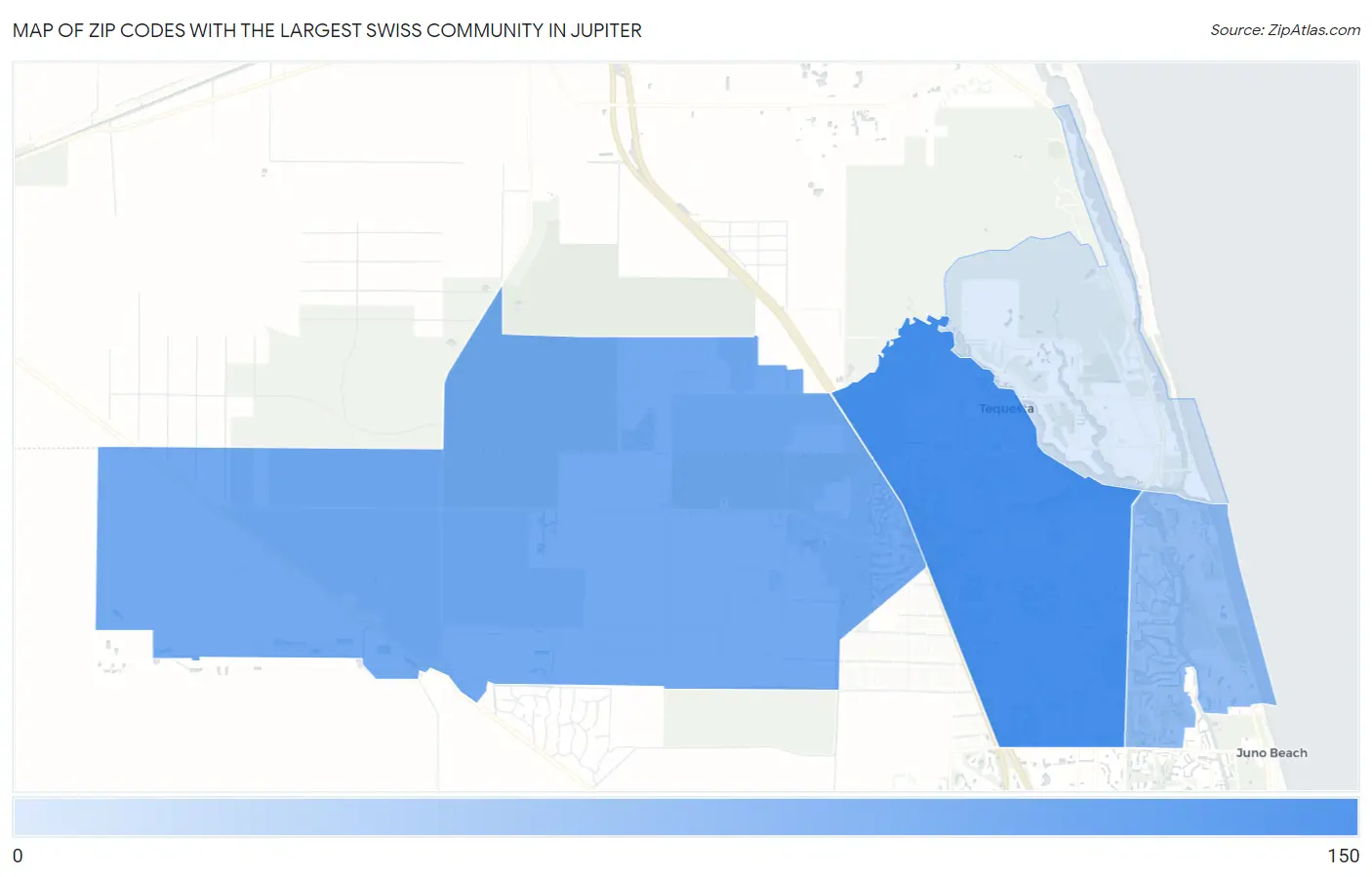 Zip Codes with the Largest Swiss Community in Jupiter Map