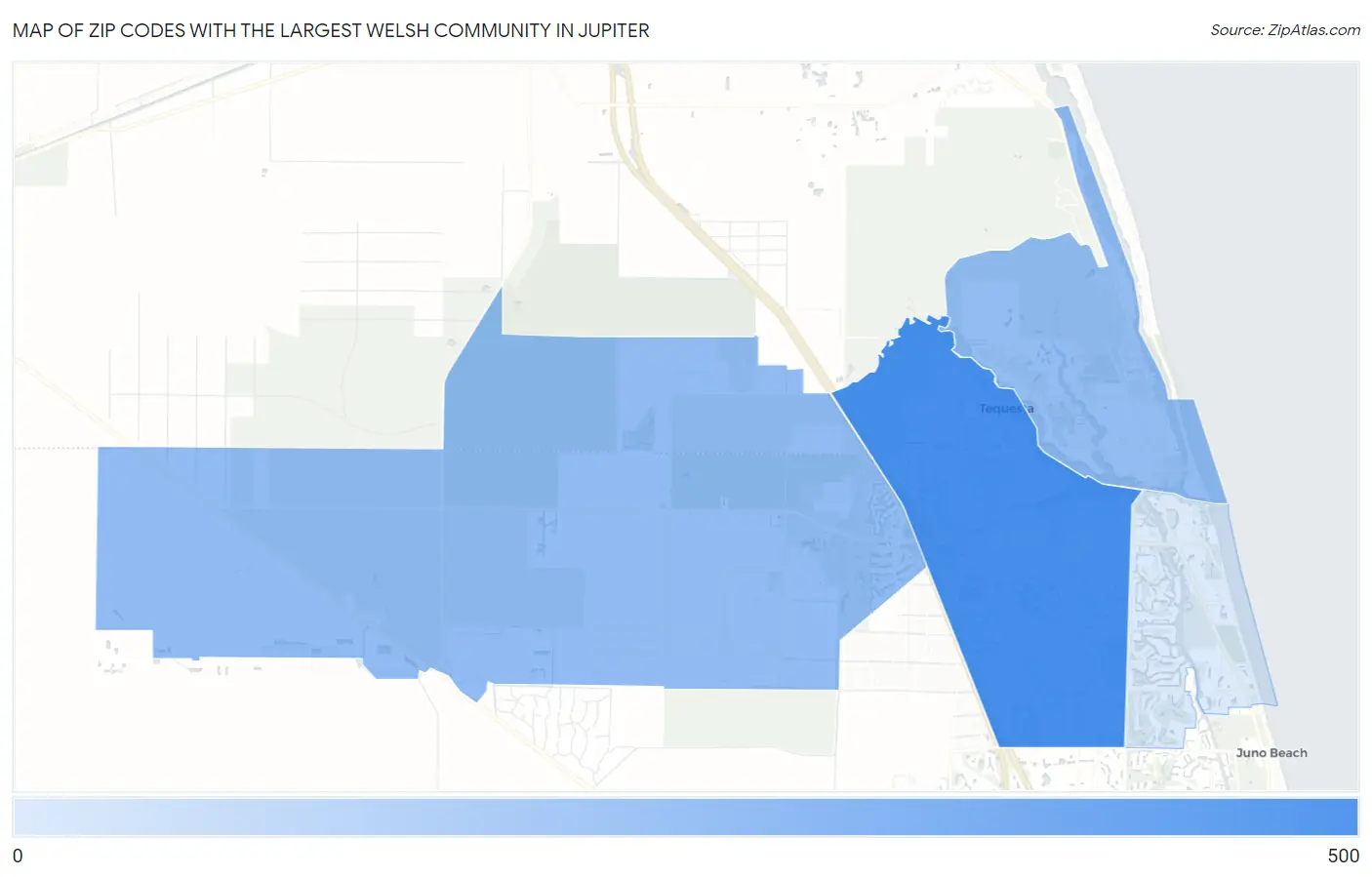 Zip Codes with the Largest Welsh Community in Jupiter Map
