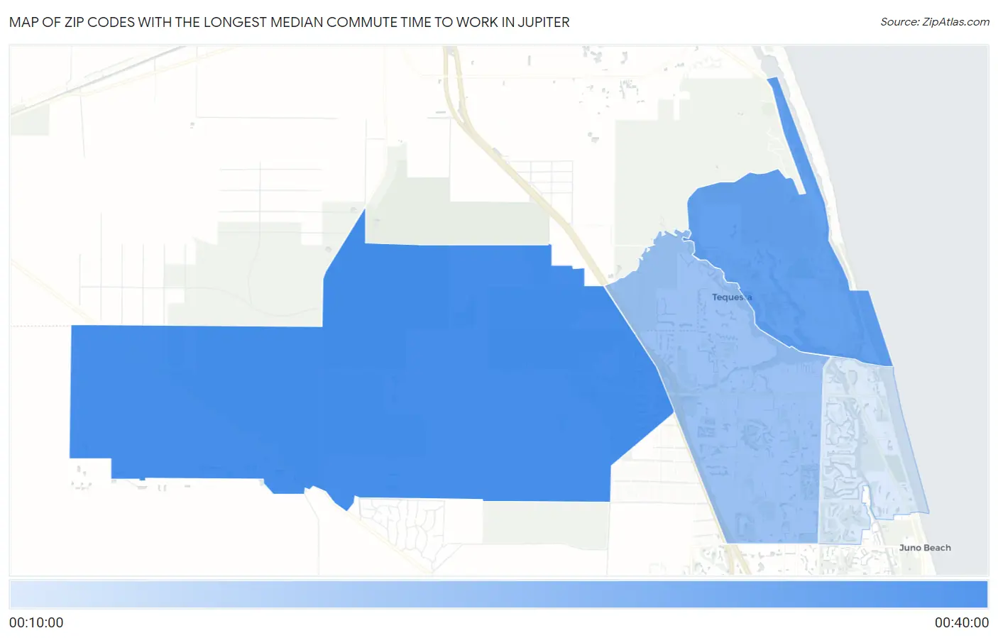 Zip Codes with the Longest Median Commute Time to Work in Jupiter Map