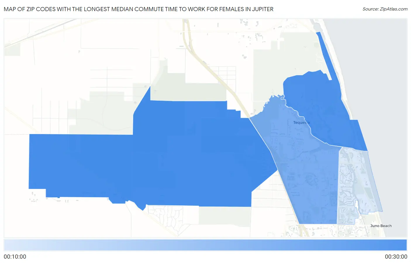 Zip Codes with the Longest Median Commute Time to Work for Females in Jupiter Map