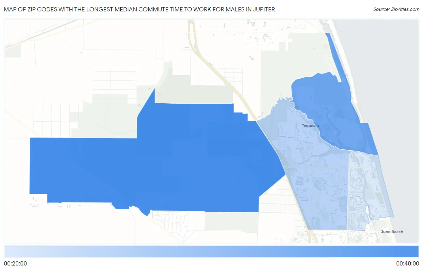 Zip Codes with the Longest Median Commute Time to Work for Males in Jupiter Map