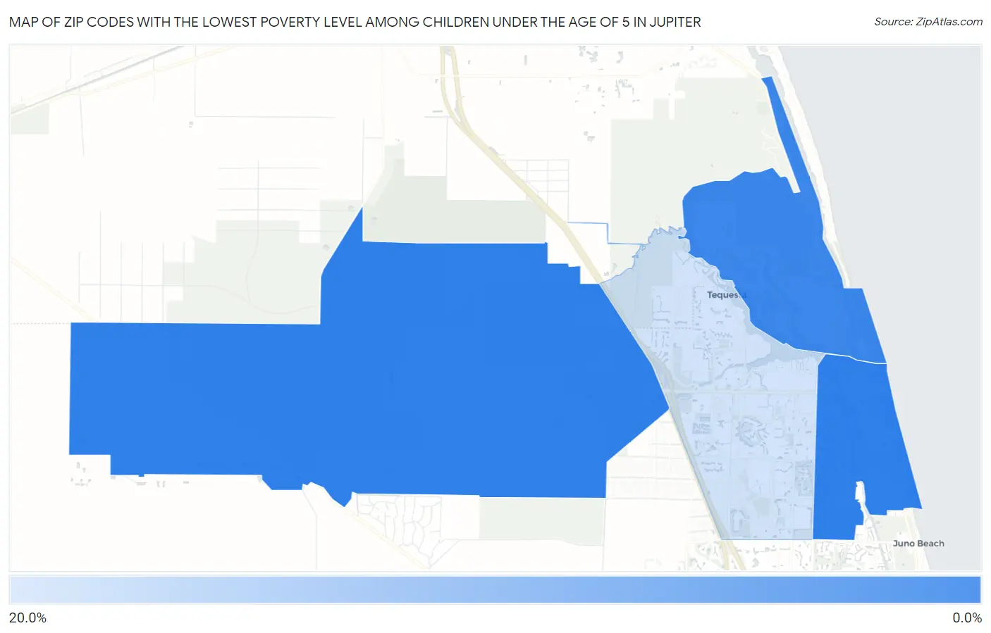 Zip Codes with the Lowest Poverty Level Among Children Under the Age of 5 in Jupiter Map