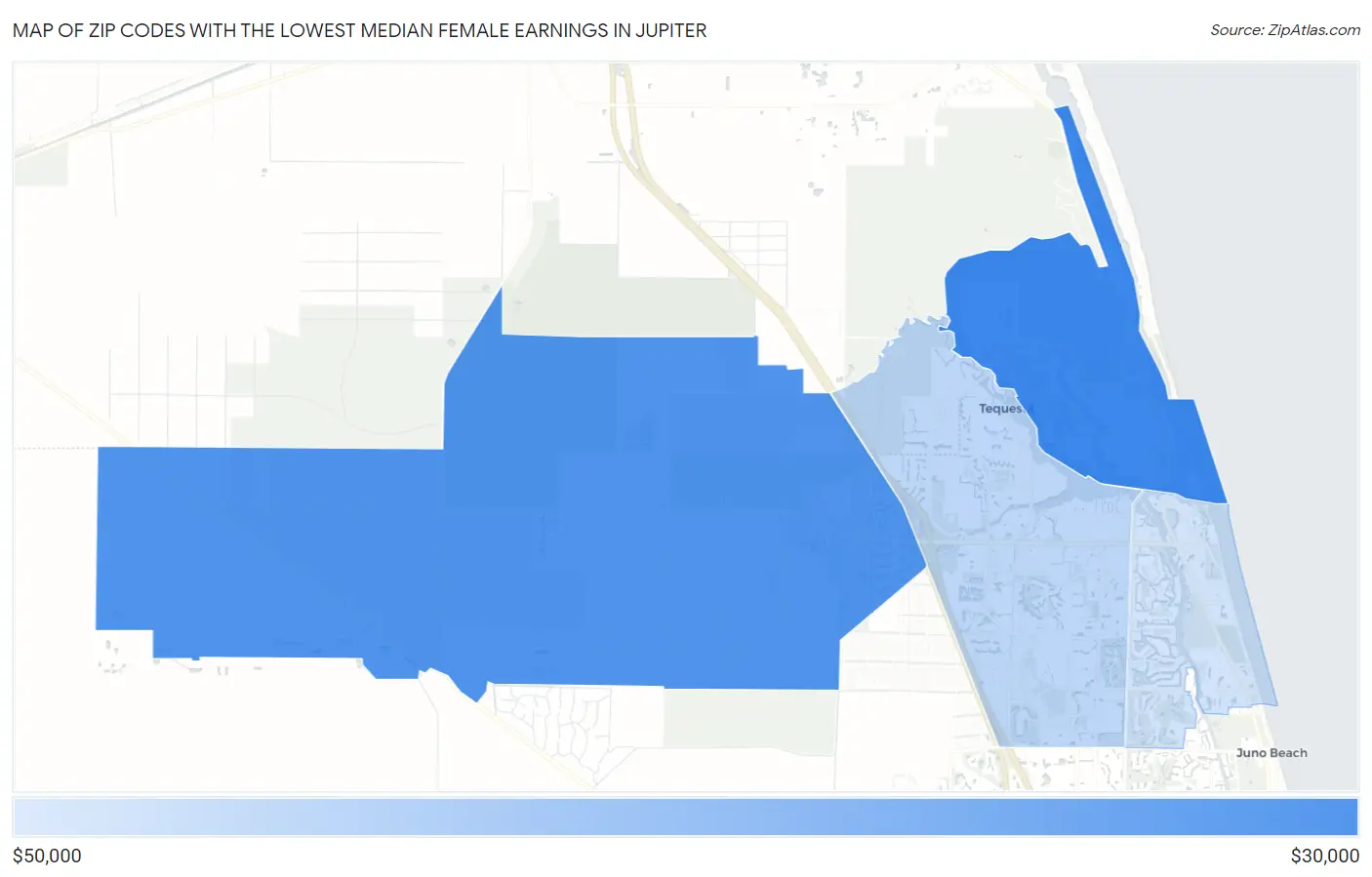 Zip Codes with the Lowest Median Female Earnings in Jupiter Map