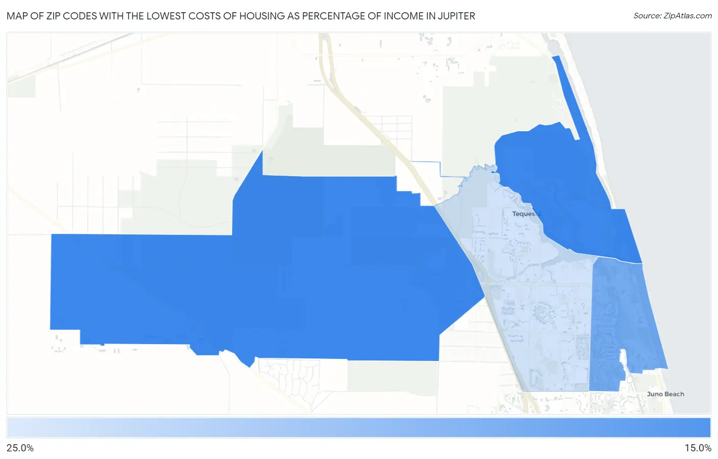 Zip Codes with the Lowest Costs of Housing as Percentage of Income in Jupiter Map