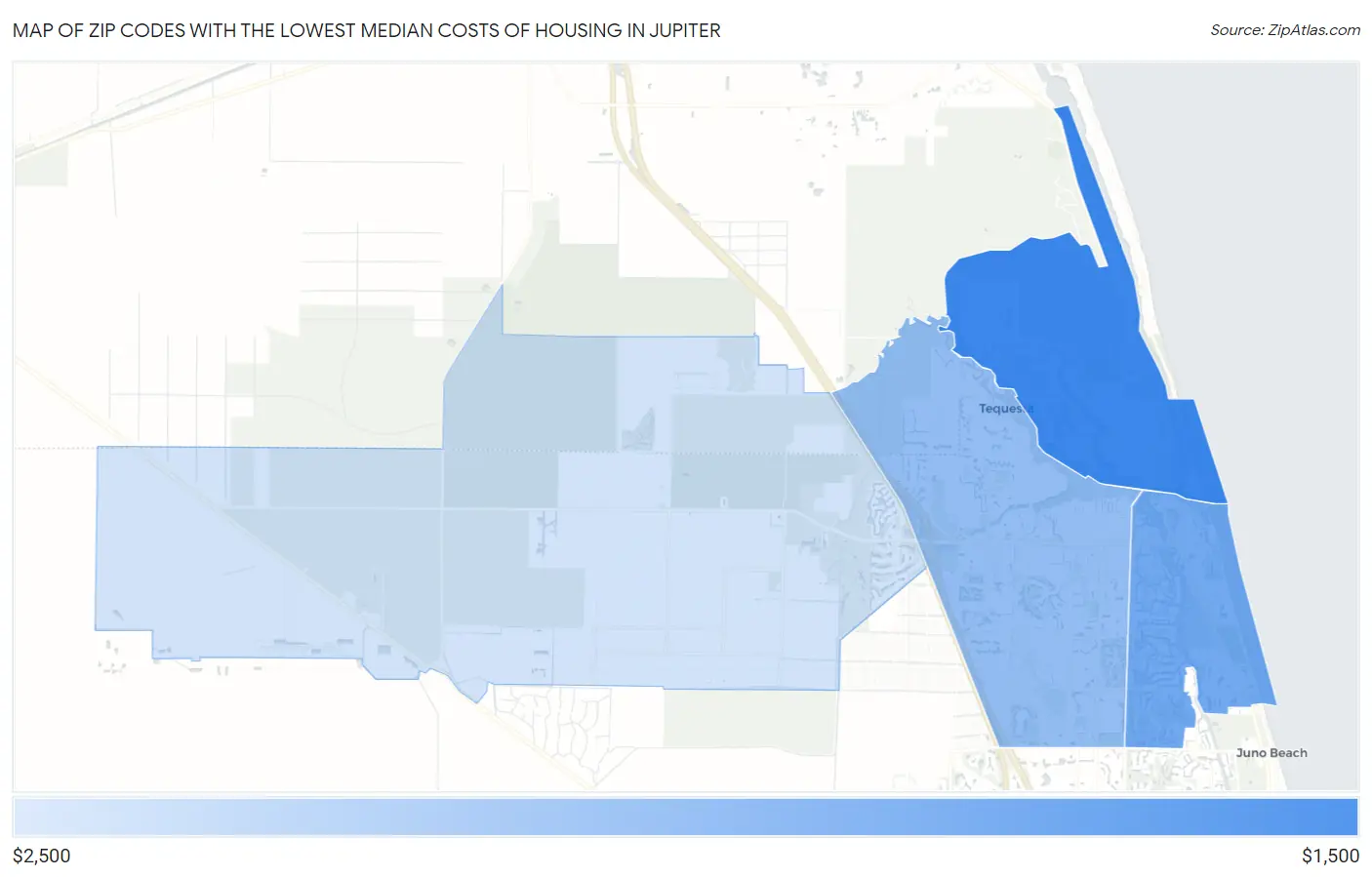 Zip Codes with the Lowest Median Costs of Housing in Jupiter Map