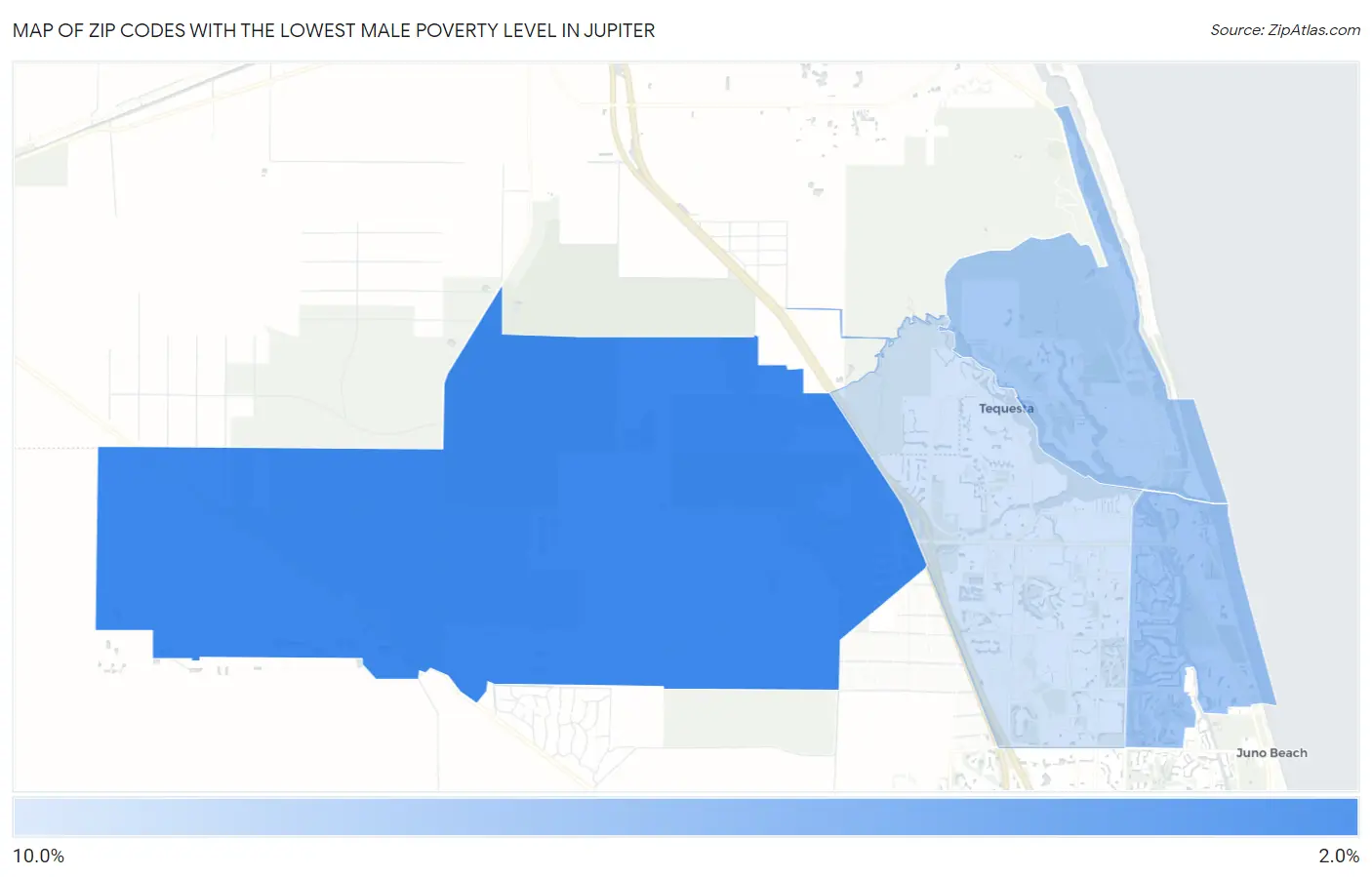 Zip Codes with the Lowest Male Poverty Level in Jupiter Map