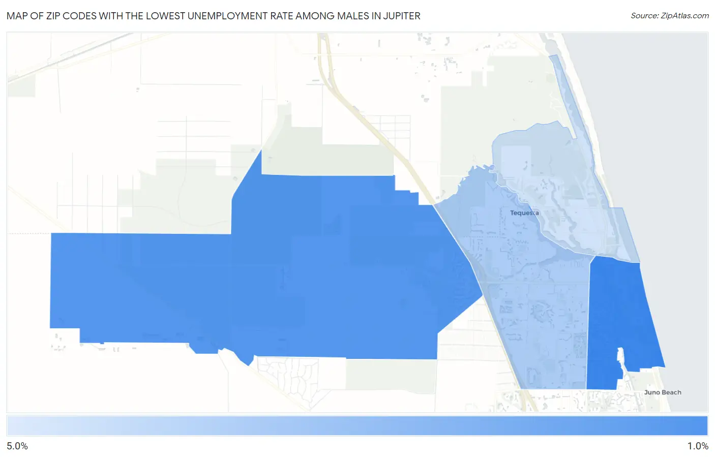 Zip Codes with the Lowest Unemployment Rate Among Males in Jupiter Map