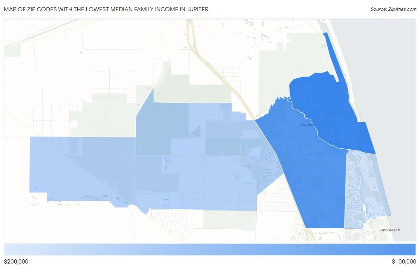 Zip Codes with the Lowest Median Family Income in Jupiter Map