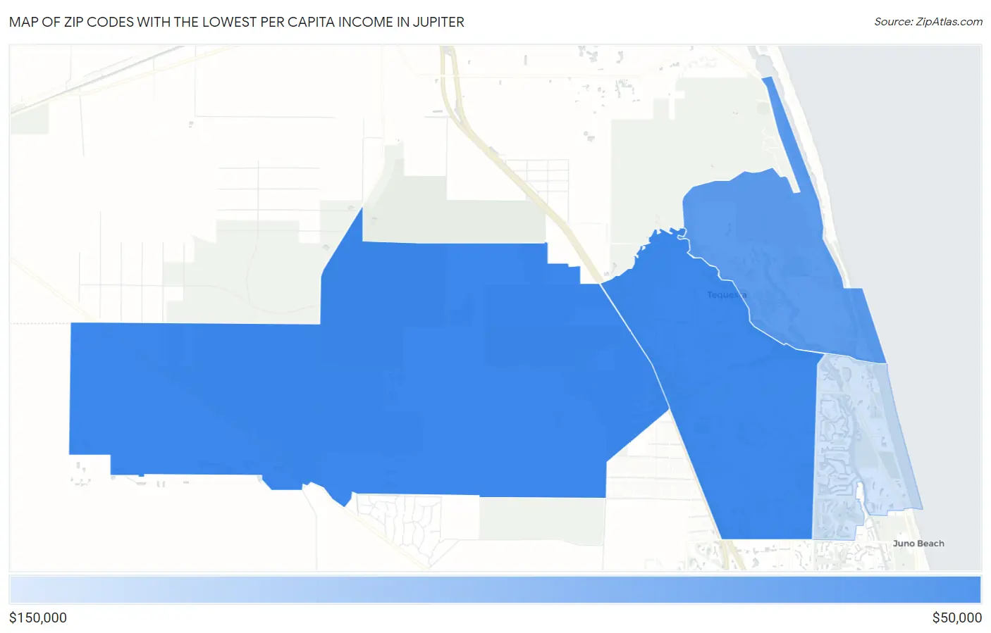 Zip Codes with the Lowest Per Capita Income in Jupiter Map