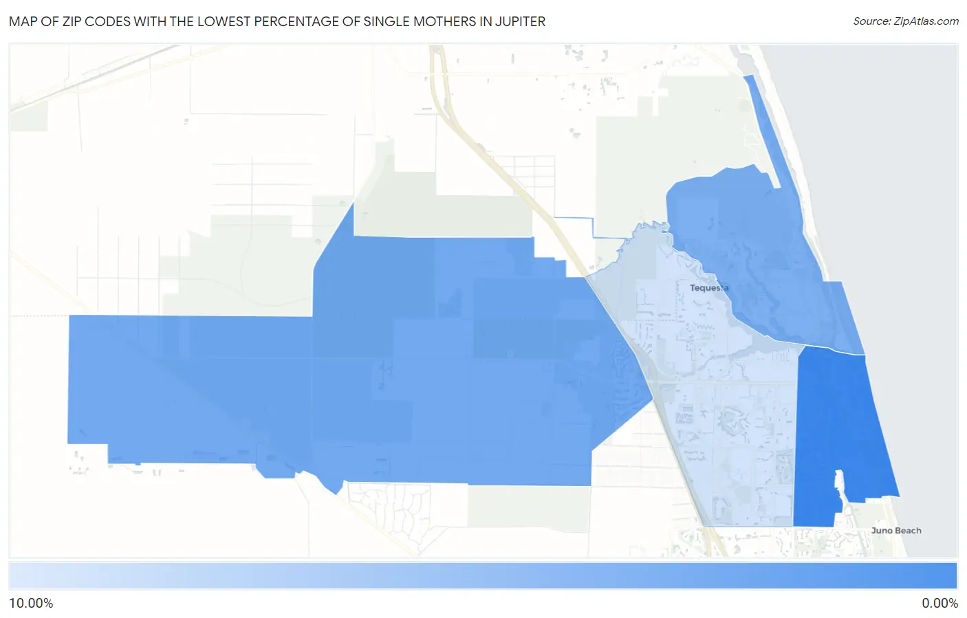 Zip Codes with the Lowest Percentage of Single Mothers in Jupiter Map