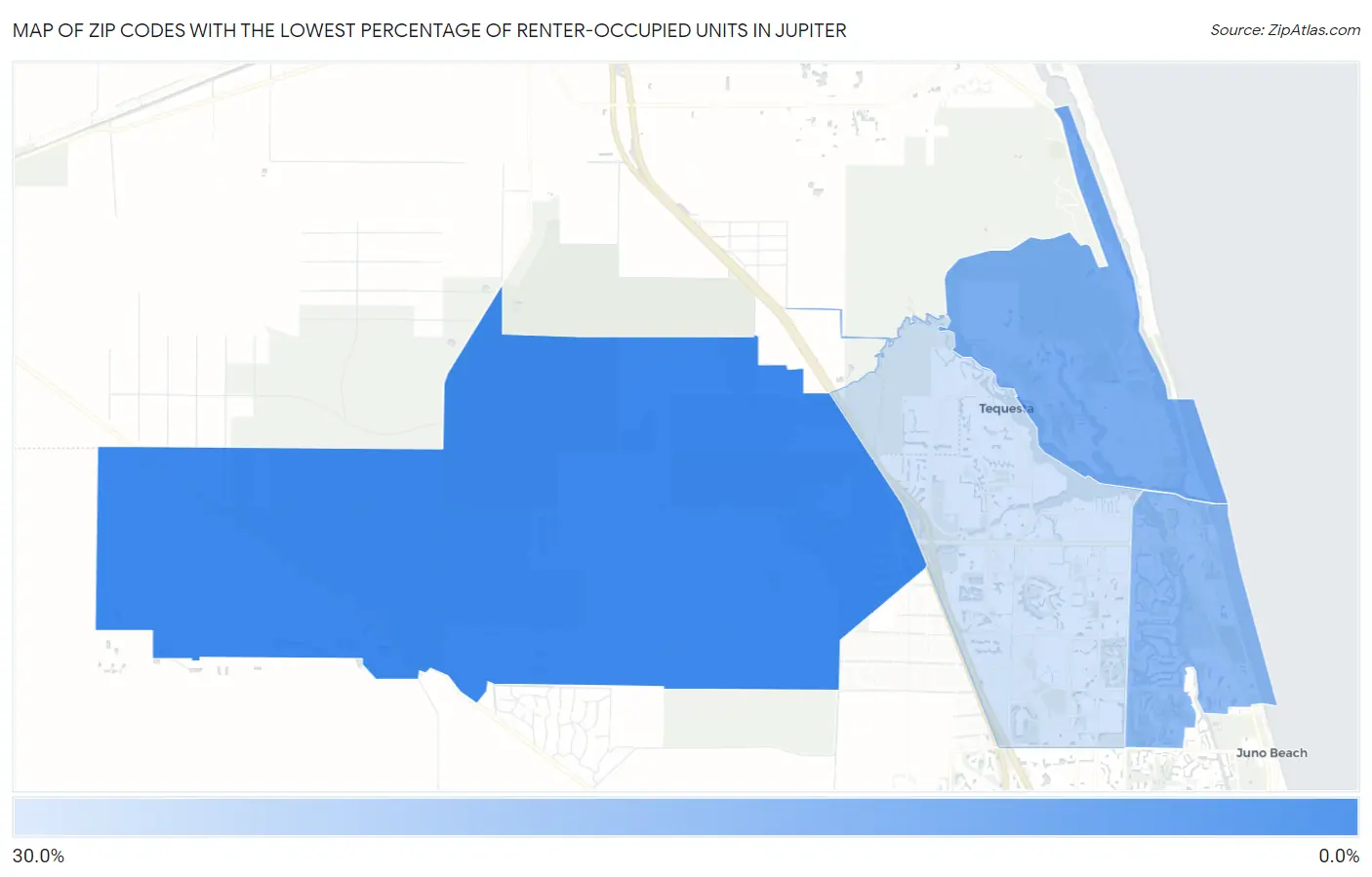 Zip Codes with the Lowest Percentage of Renter-Occupied Units in Jupiter Map
