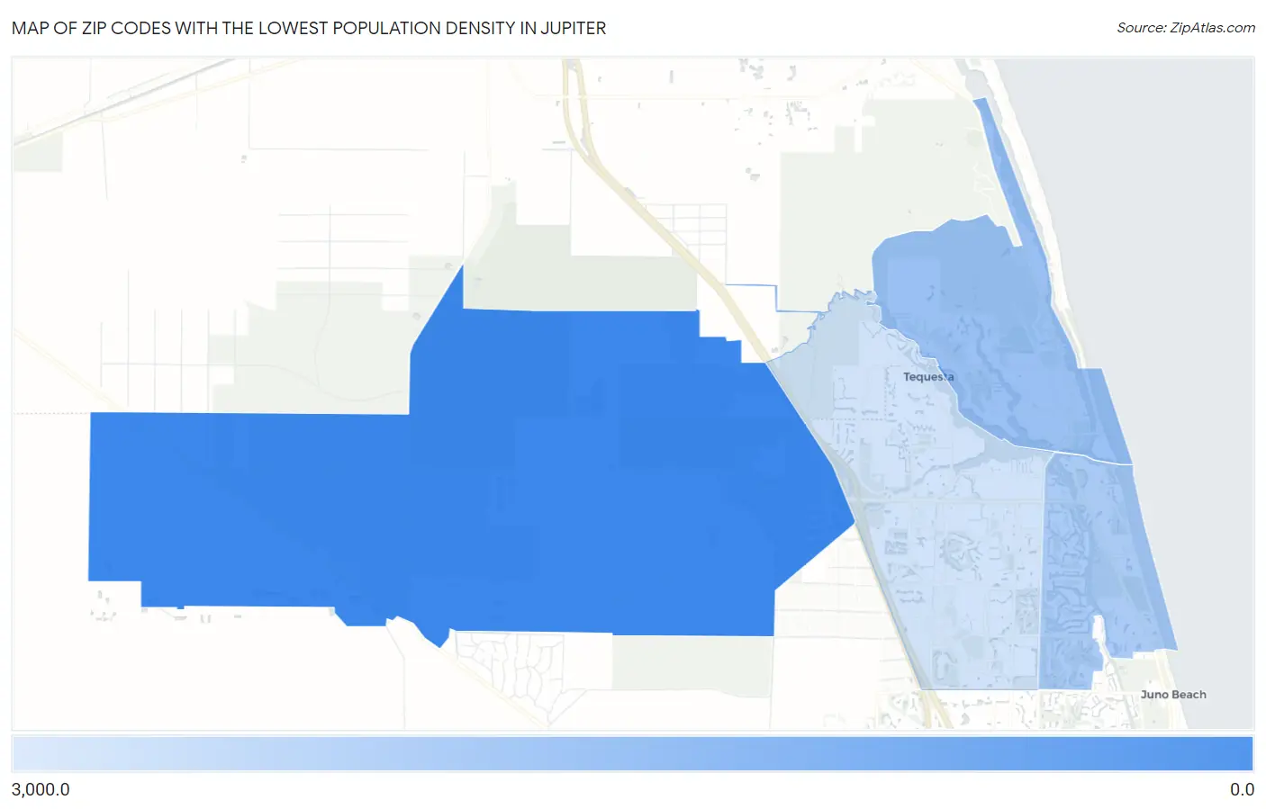 Zip Codes with the Lowest Population Density in Jupiter Map