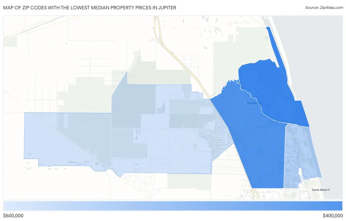 Zip Codes with the Lowest Median Property Prices in Jupiter Map