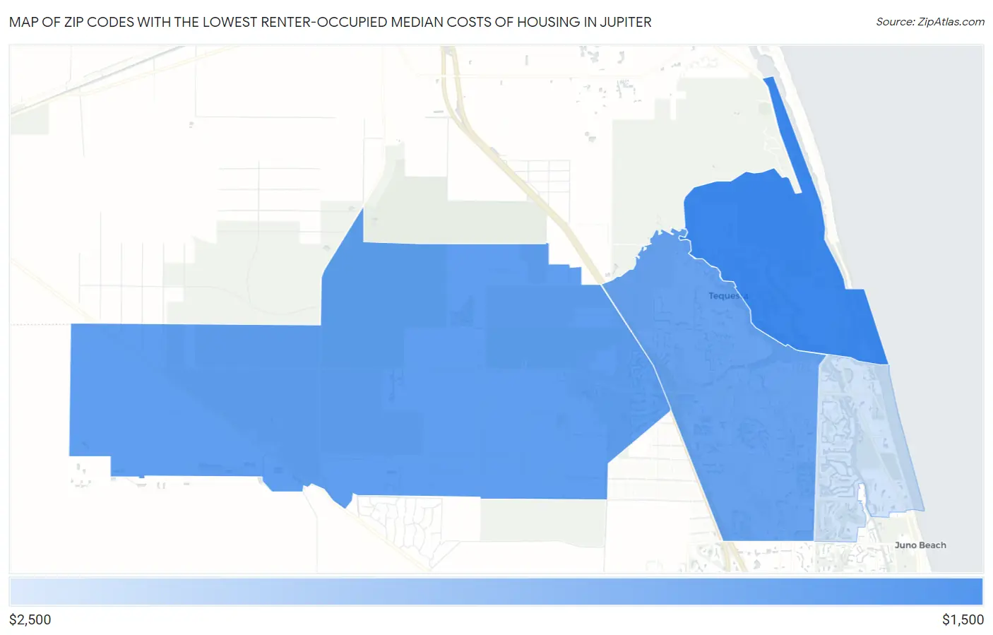 Zip Codes with the Lowest Renter-Occupied Median Costs of Housing in Jupiter Map