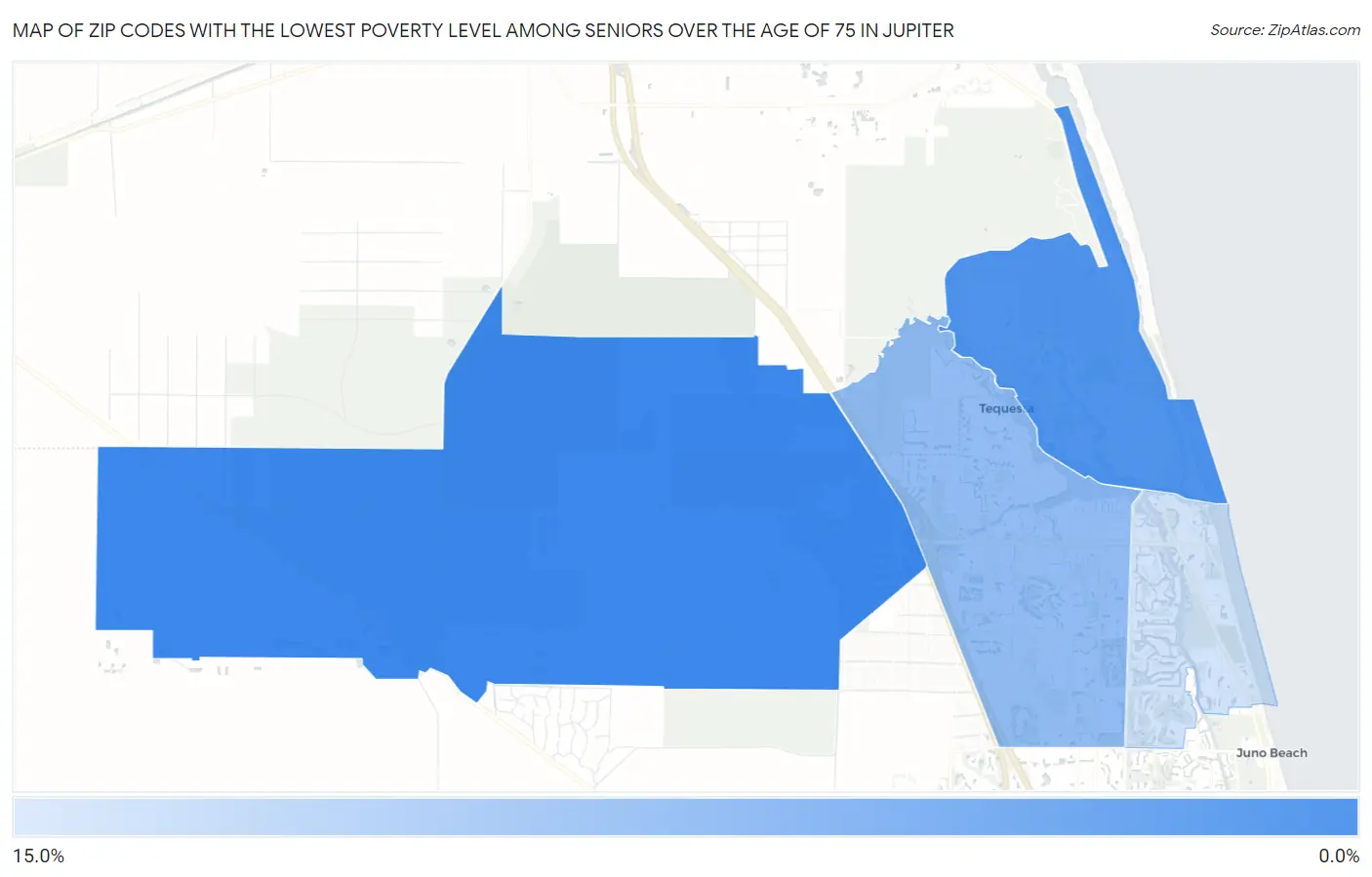 Zip Codes with the Lowest Poverty Level Among Seniors Over the Age of 75 in Jupiter Map