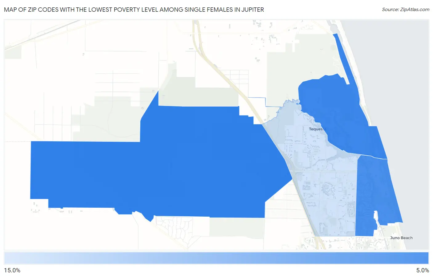 Zip Codes with the Lowest Poverty Level Among Single Females in Jupiter Map