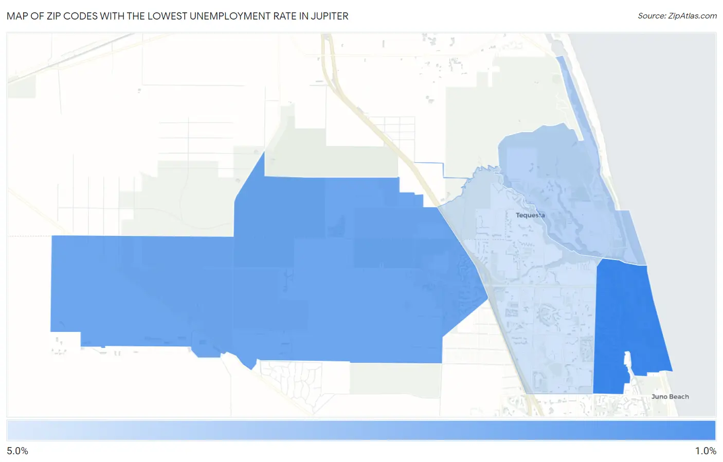 Zip Codes with the Lowest Unemployment Rate in Jupiter Map