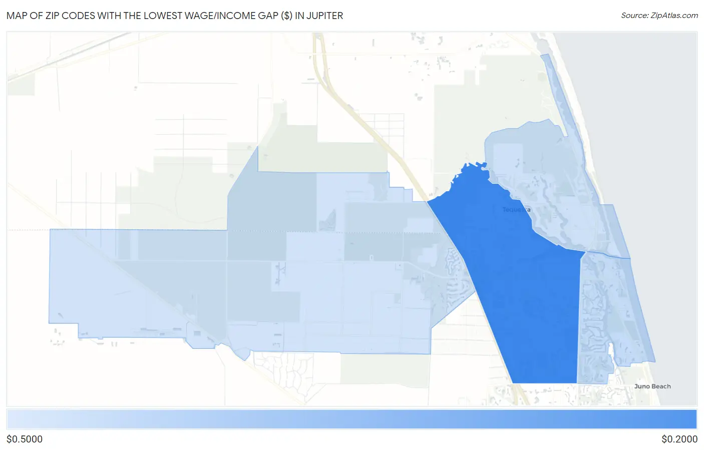 Zip Codes with the Lowest Wage/Income Gap ($) in Jupiter Map