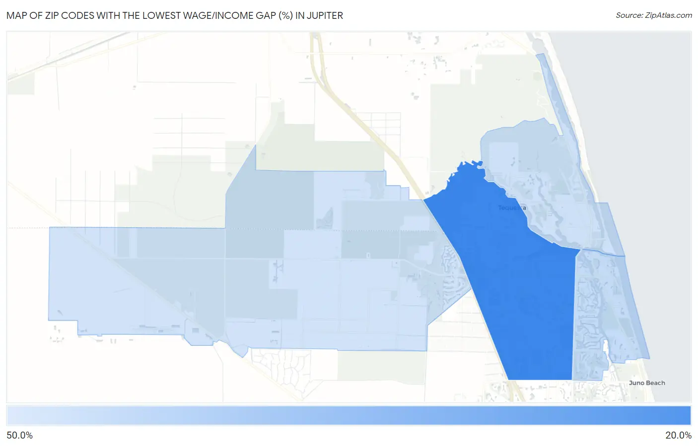 Zip Codes with the Lowest Wage/Income Gap (%) in Jupiter Map