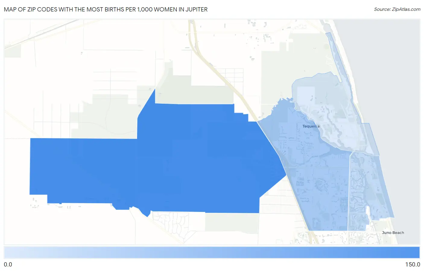 Zip Codes with the Most Births per 1,000 Women in Jupiter Map