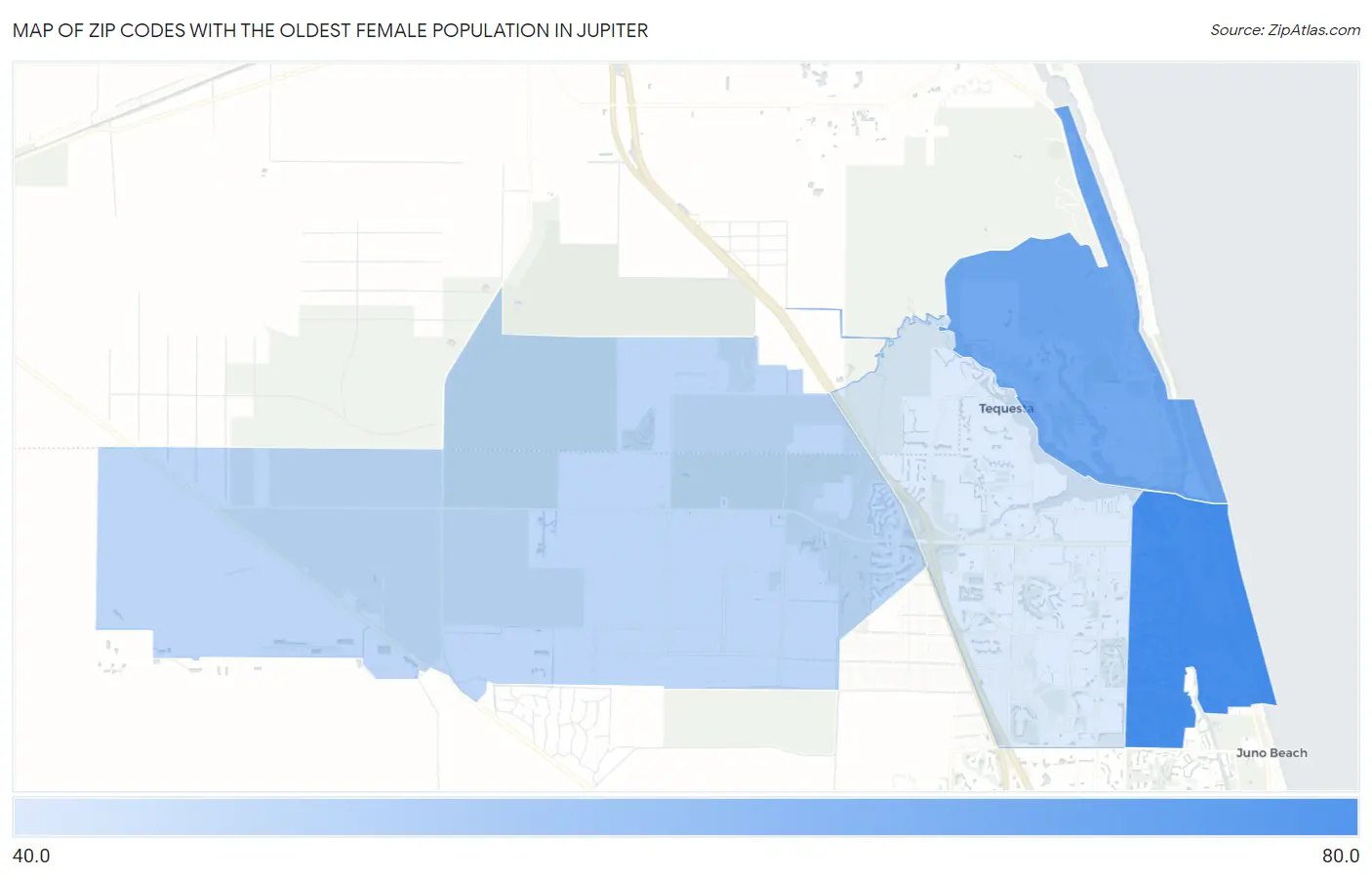 Zip Codes with the Oldest Female Population in Jupiter Map