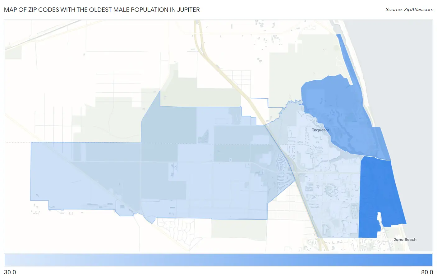 Zip Codes with the Oldest Male Population in Jupiter Map