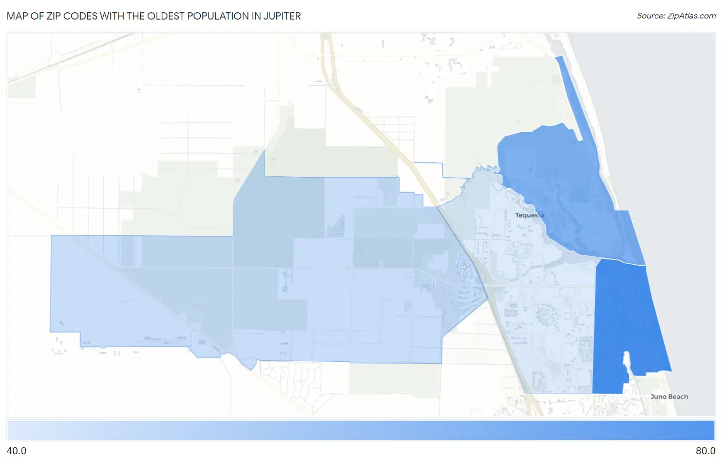 Zip Codes with the Oldest Population in Jupiter Map