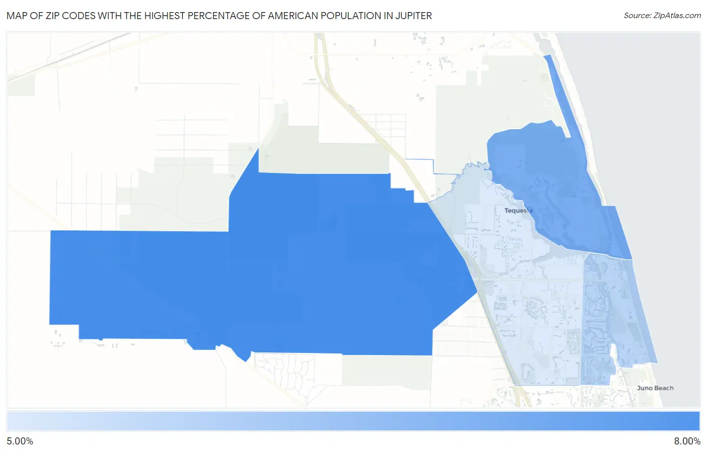 Zip Codes with the Highest Percentage of American Population in Jupiter Map