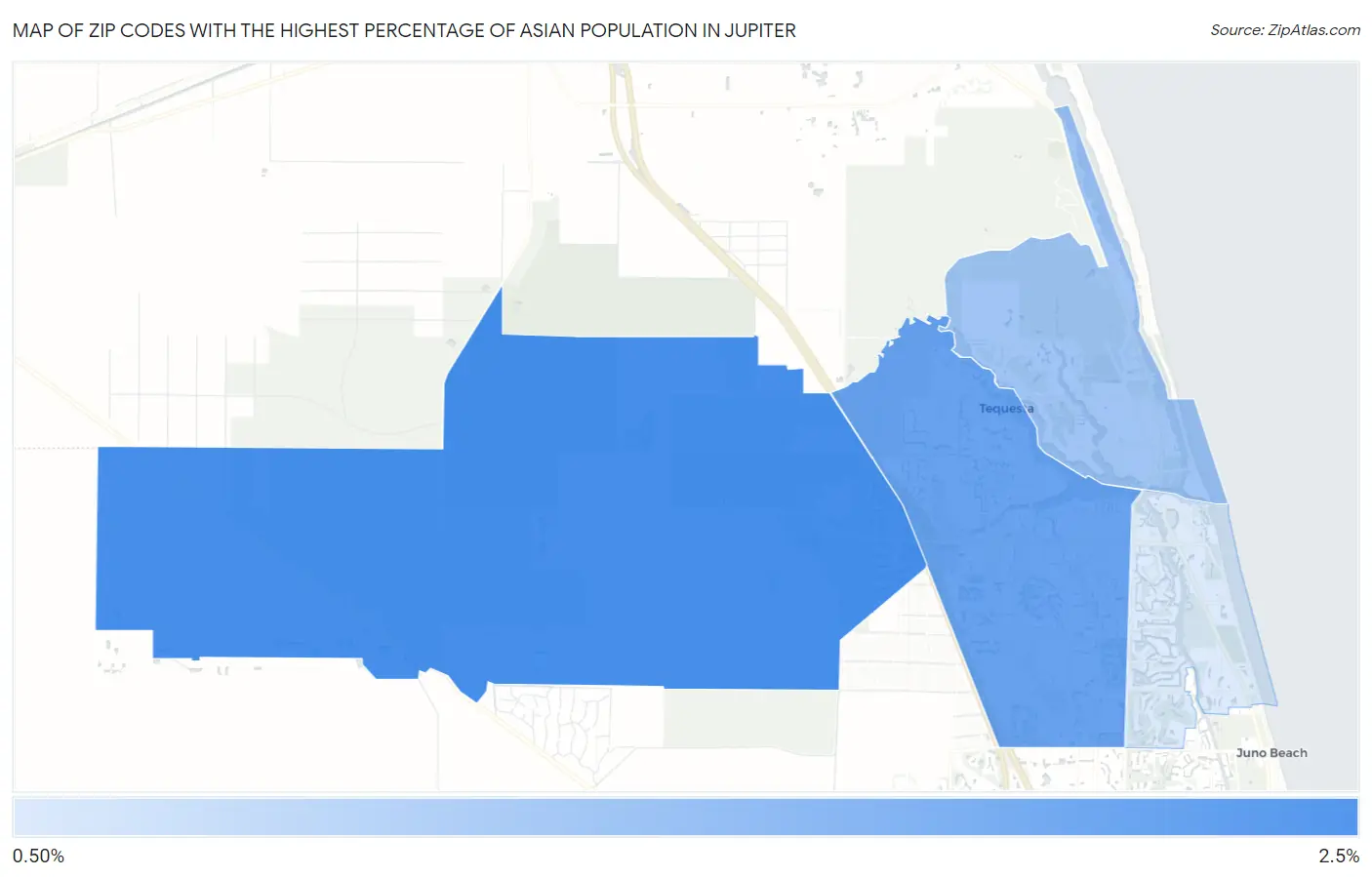 Zip Codes with the Highest Percentage of Asian Population in Jupiter Map