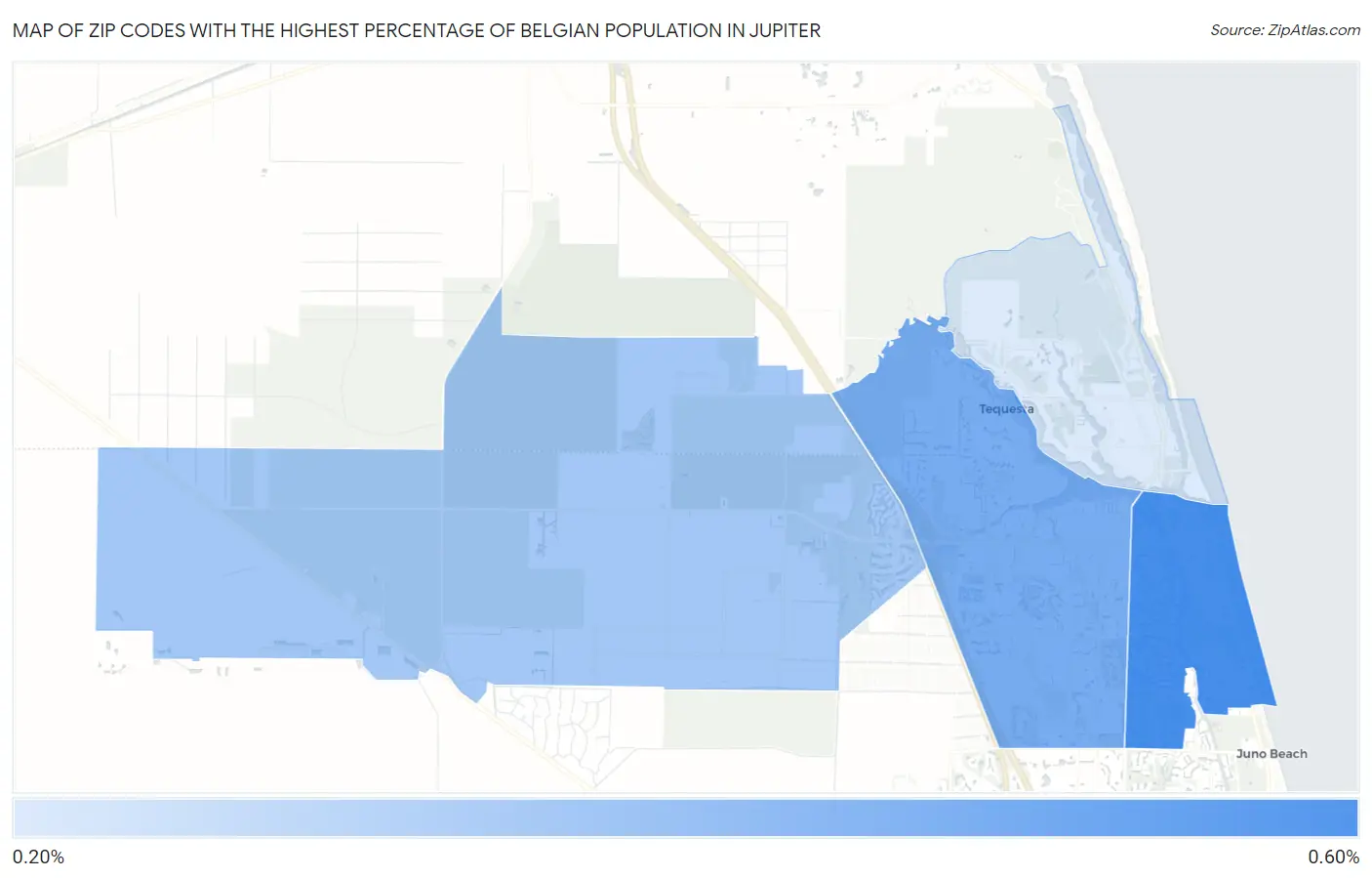 Zip Codes with the Highest Percentage of Belgian Population in Jupiter Map