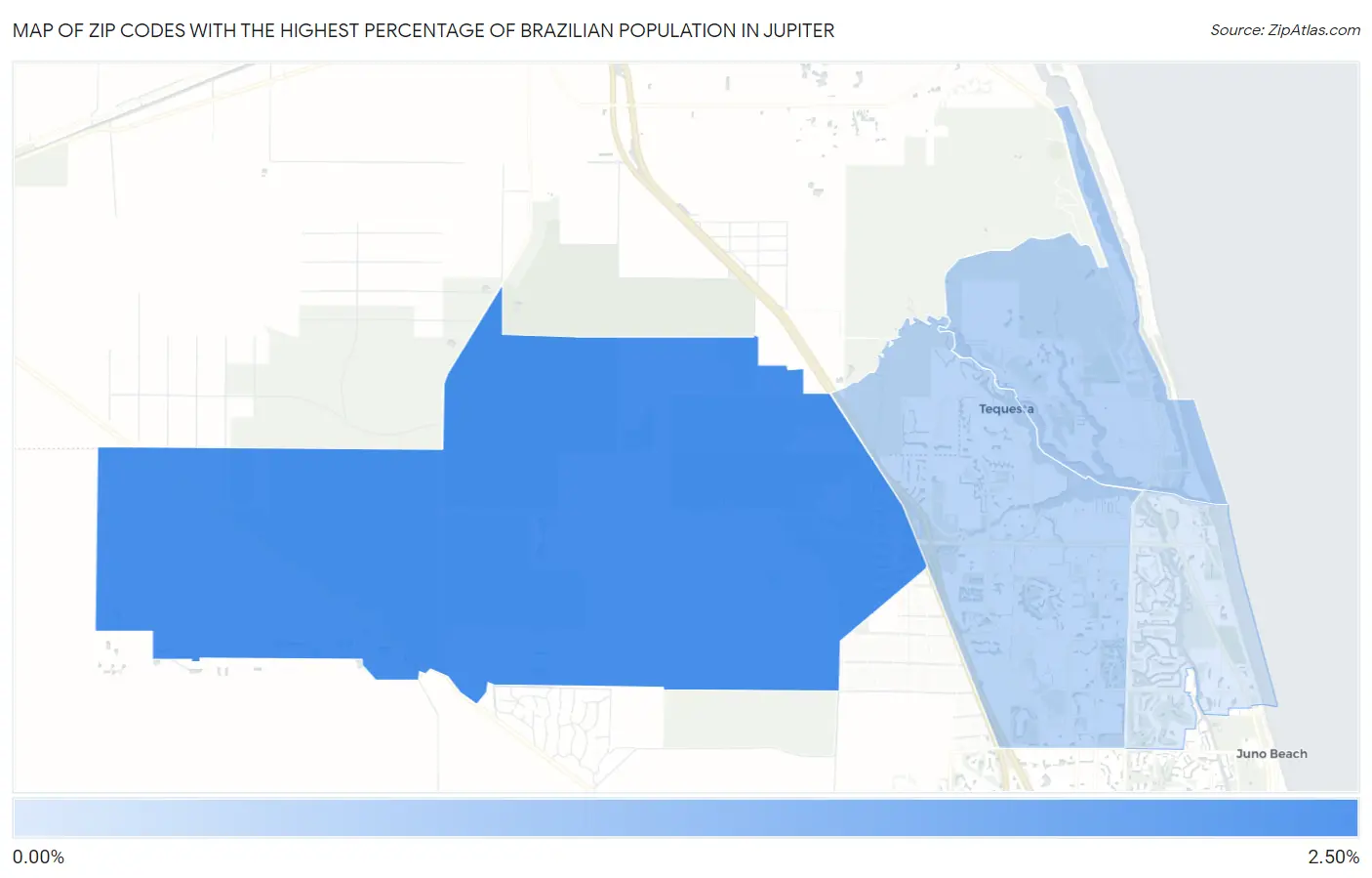 Zip Codes with the Highest Percentage of Brazilian Population in Jupiter Map