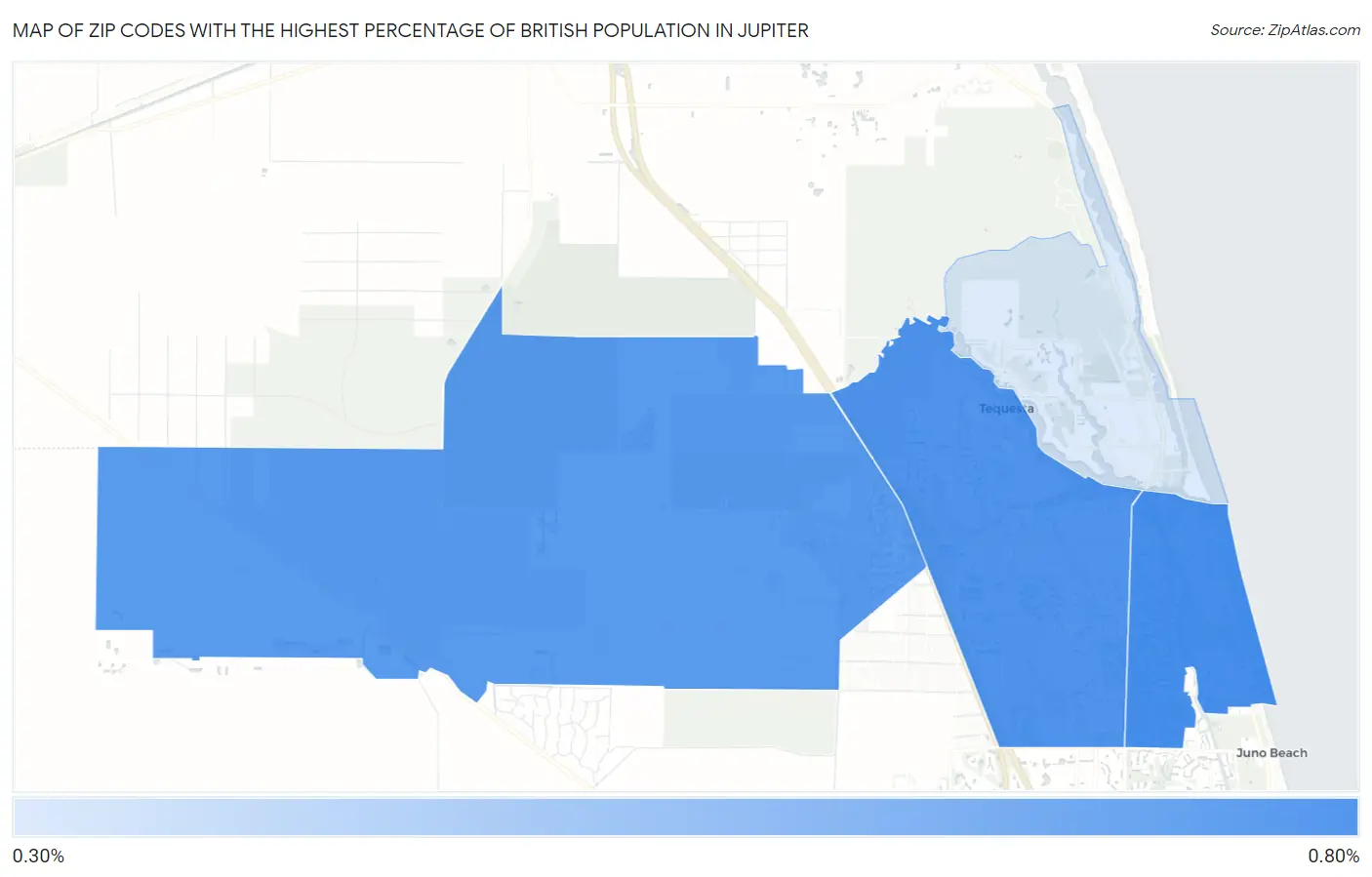 Zip Codes with the Highest Percentage of British Population in Jupiter Map