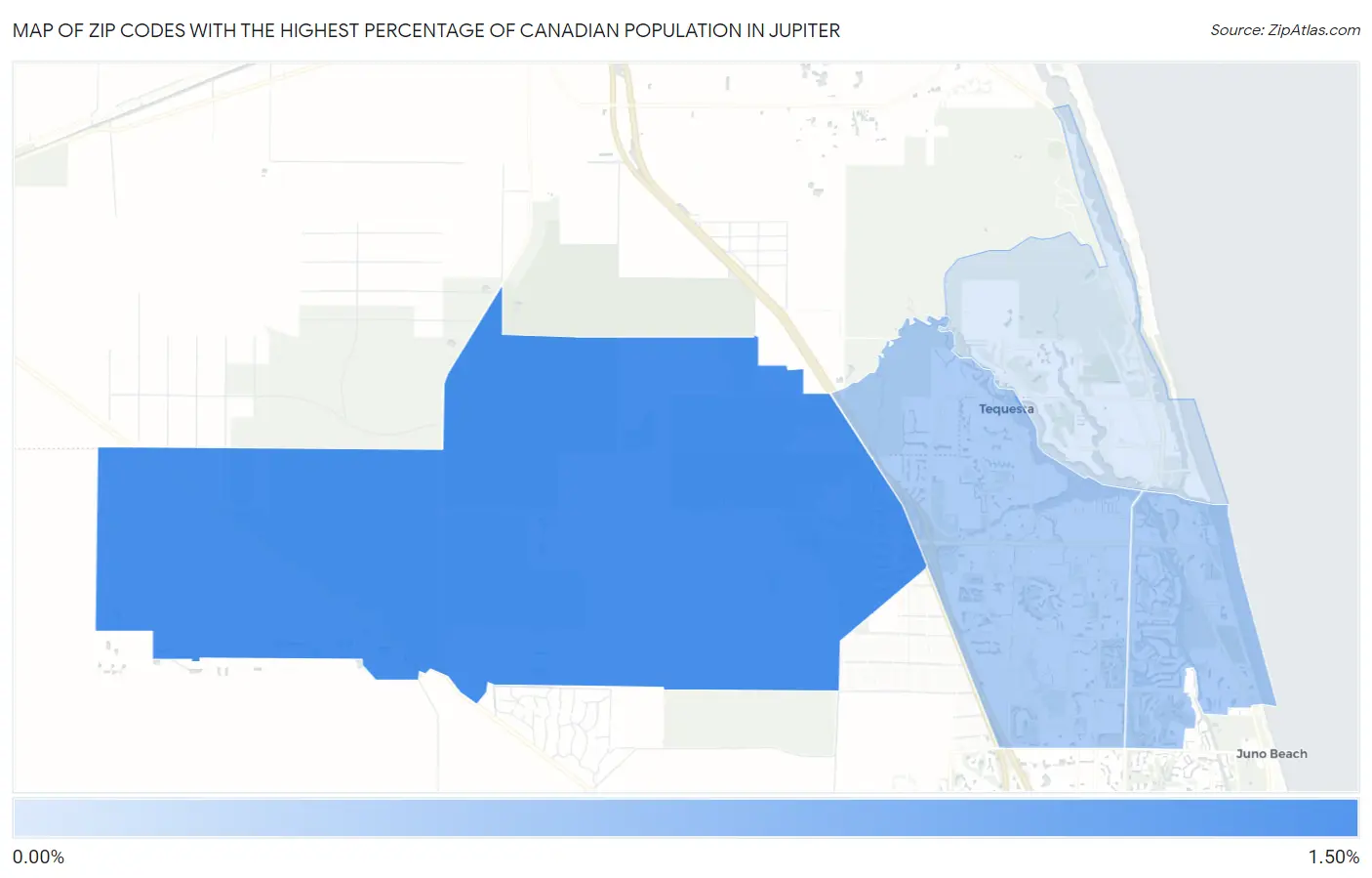 Zip Codes with the Highest Percentage of Canadian Population in Jupiter Map