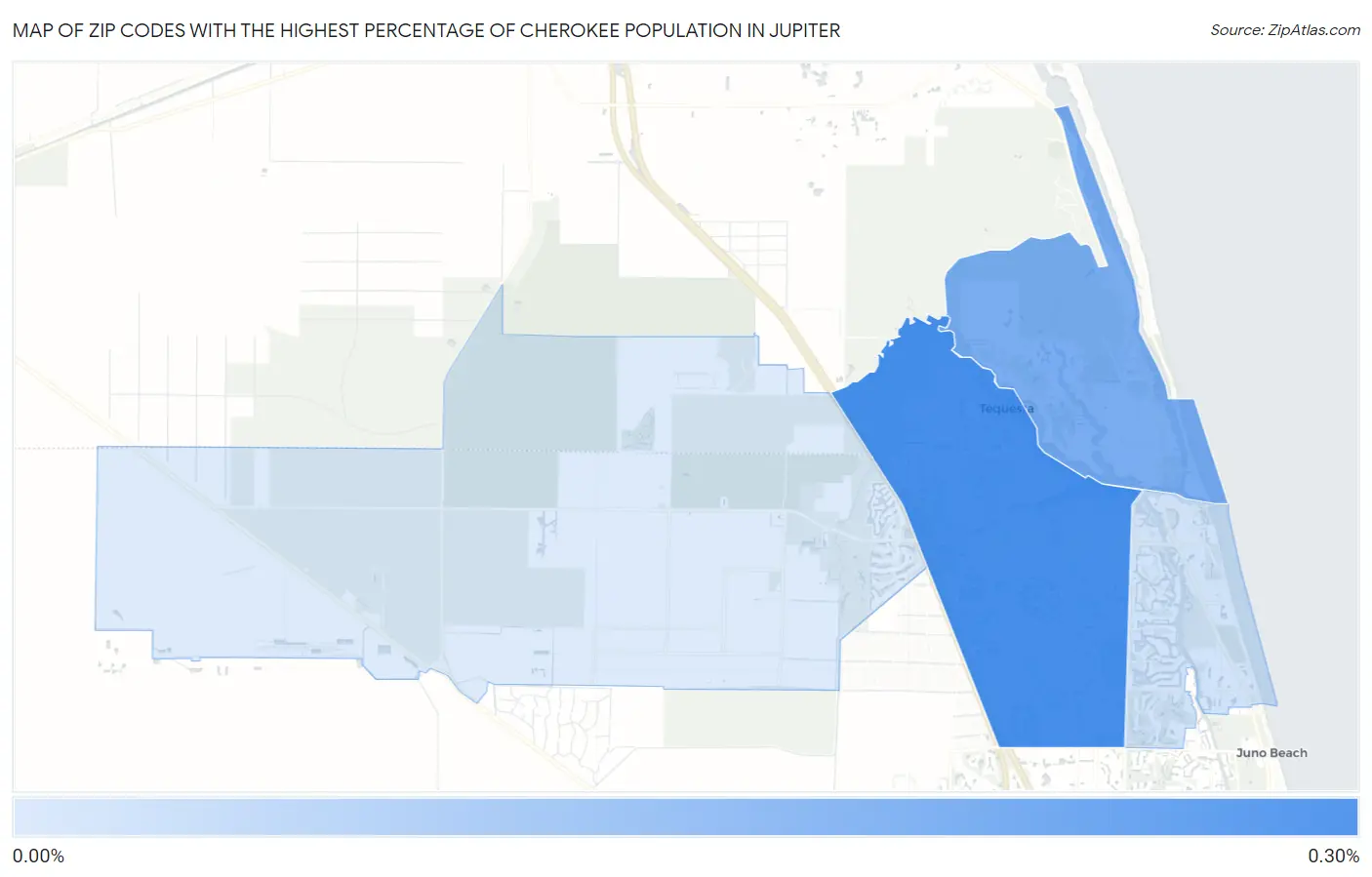 Zip Codes with the Highest Percentage of Cherokee Population in Jupiter Map