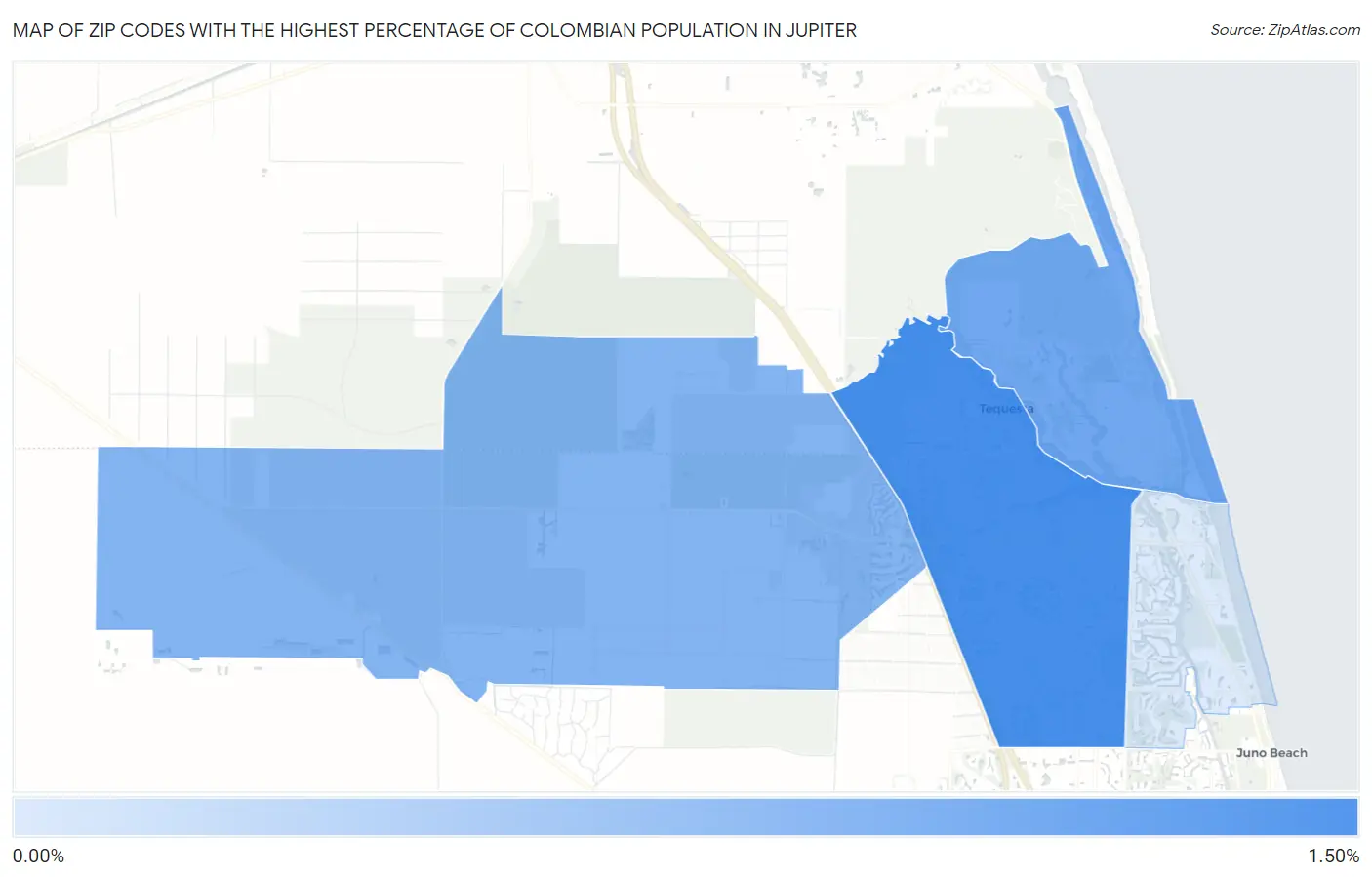 Zip Codes with the Highest Percentage of Colombian Population in Jupiter Map