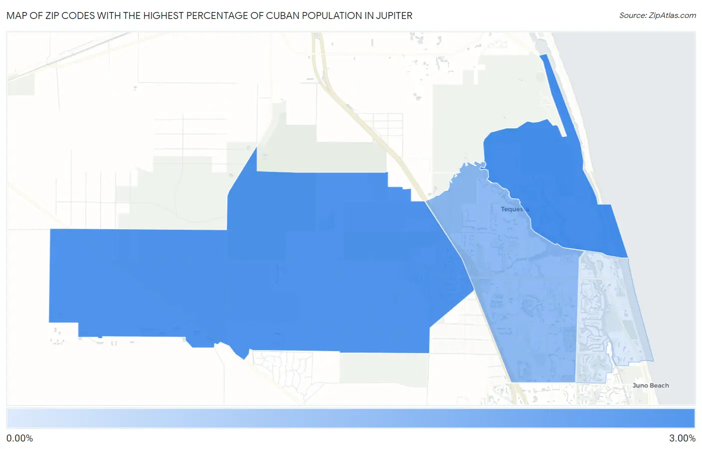 Zip Codes with the Highest Percentage of Cuban Population in Jupiter Map