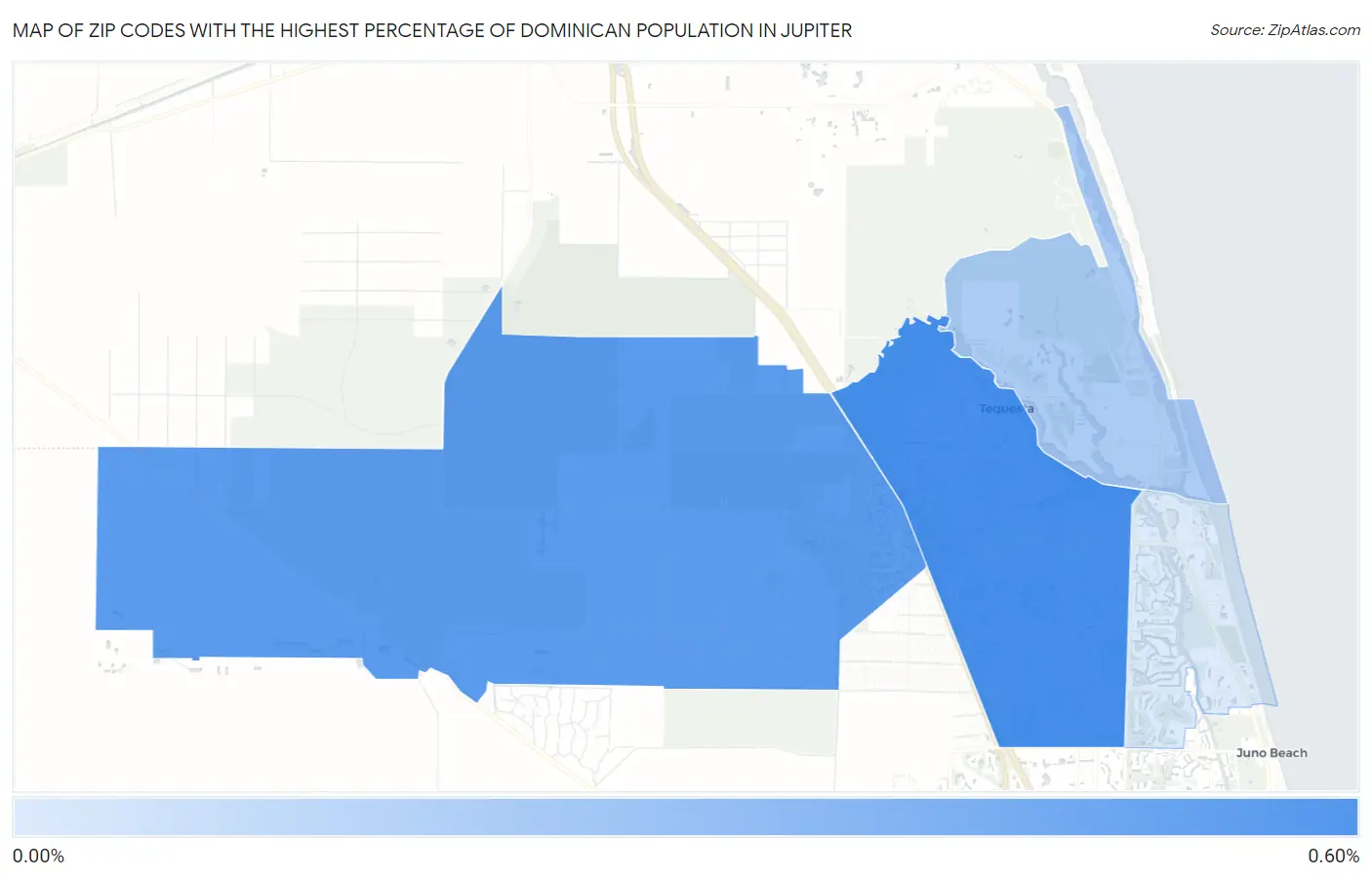 Zip Codes with the Highest Percentage of Dominican Population in Jupiter Map