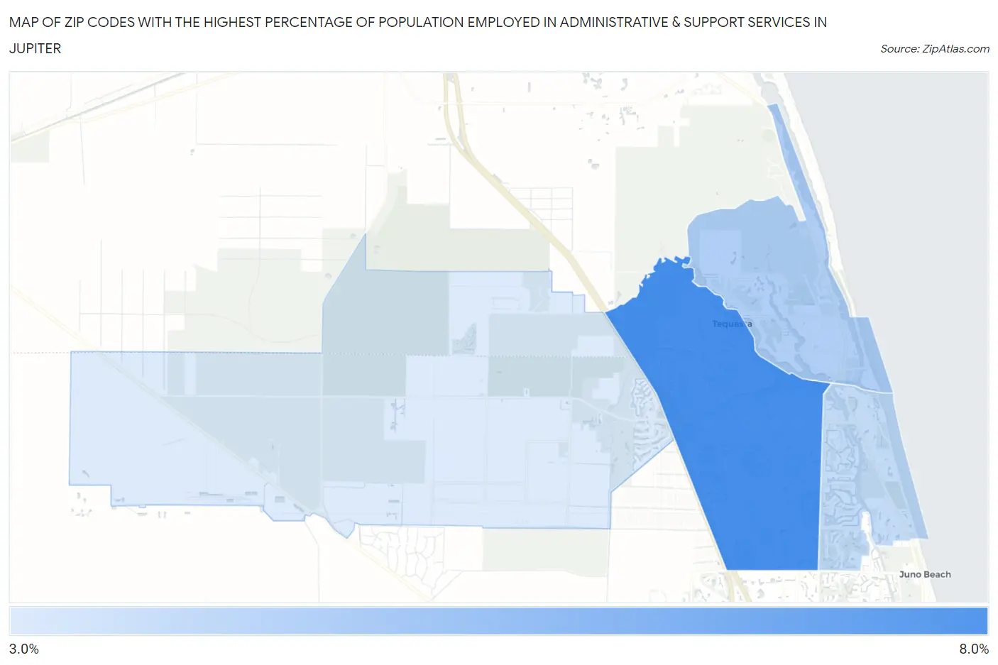 Zip Codes with the Highest Percentage of Population Employed in Administrative & Support Services in Jupiter Map
