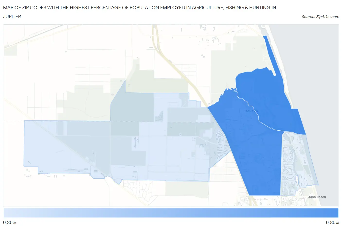 Zip Codes with the Highest Percentage of Population Employed in Agriculture, Fishing & Hunting in Jupiter Map