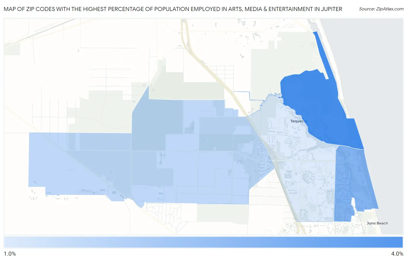 Zip Codes with the Highest Percentage of Population Employed in Arts, Media & Entertainment in Jupiter Map