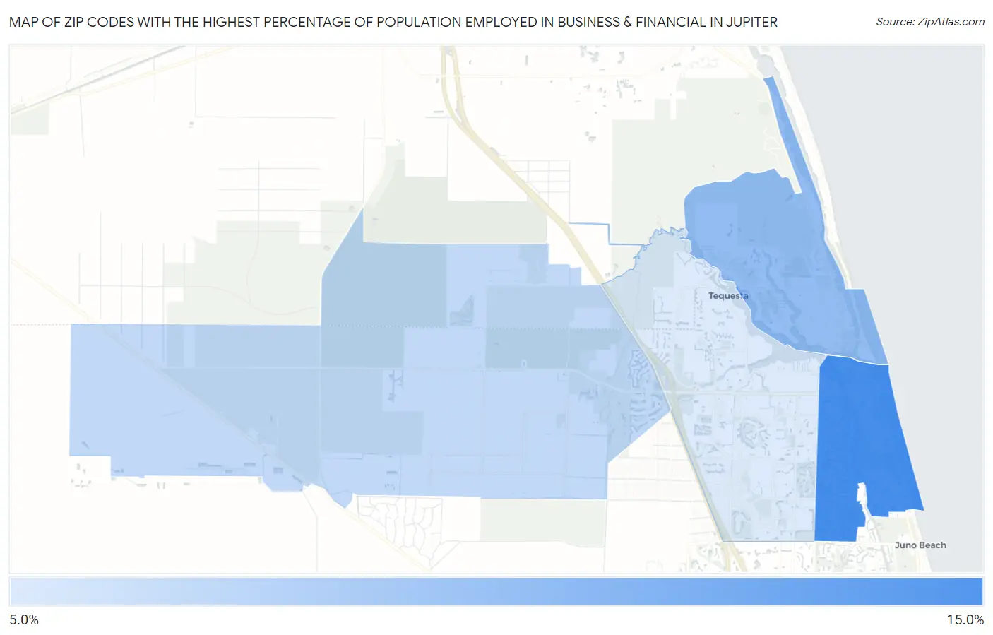 Zip Codes with the Highest Percentage of Population Employed in Business & Financial in Jupiter Map